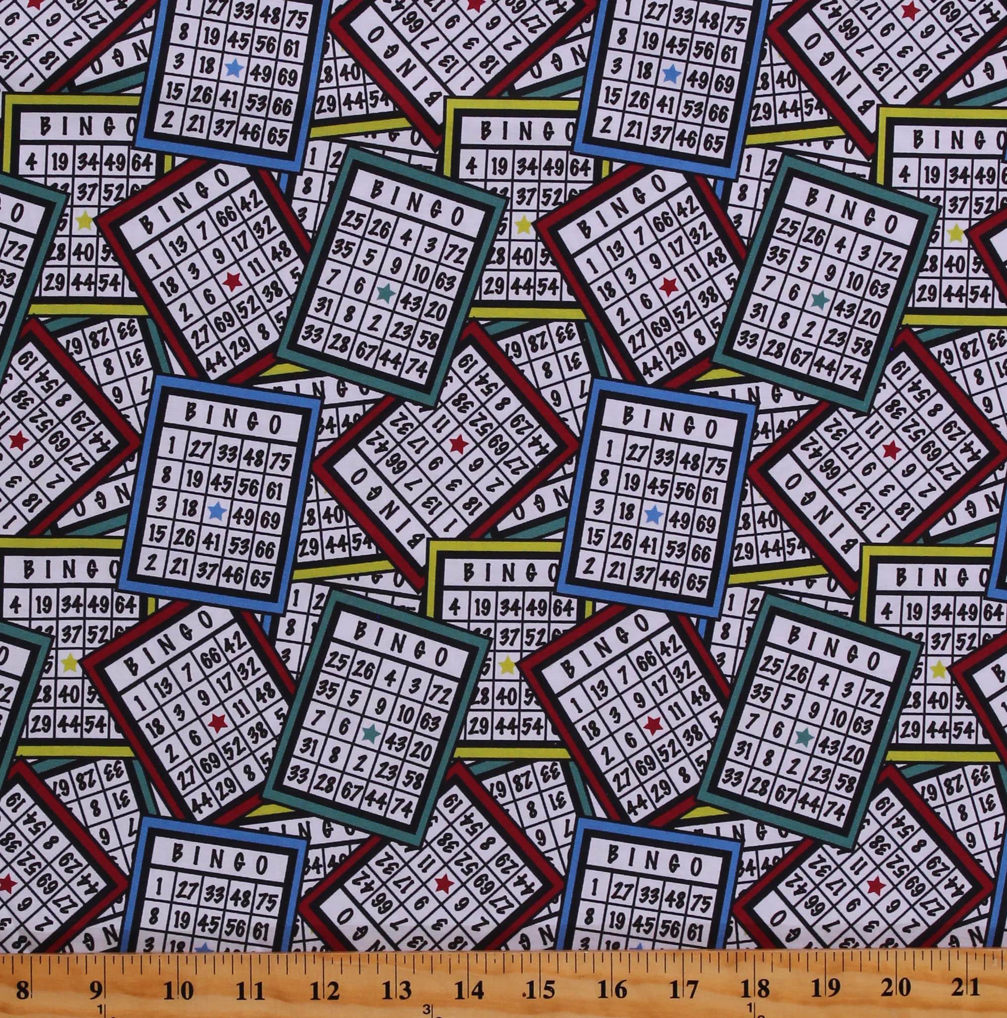 Fields Cotton Bingo Balls Games Cards Academic White Cotton Fabric Print by The Yard (D675.45),44 Inches