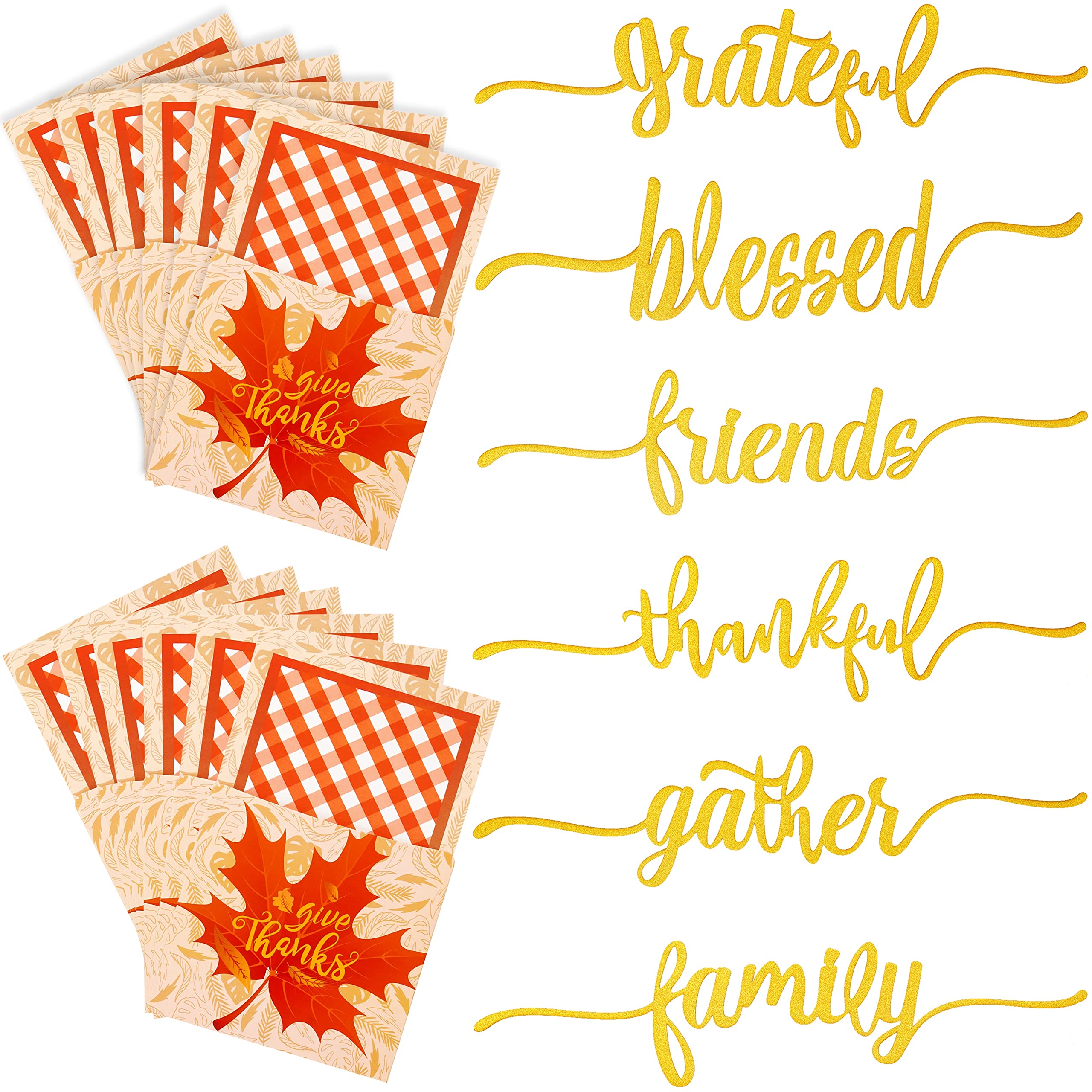 ANOTION Thanksgiving Table Decor, 12 Thanksgiving Cutlery Holder 12 Thankful Grateful Blessed Words Cutout Card Decor Glitter Table Place Card for Thanksgiving Turkey Utensil Décor