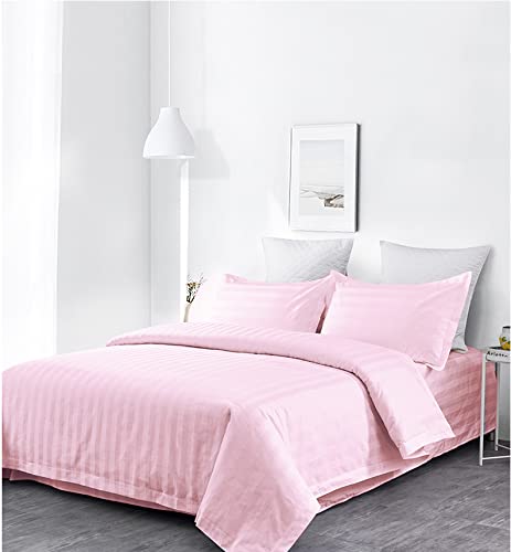 Lasin Bedding, Luxury Super Soft 100% Cotton Duvet Cover Pillowcases Fitted Sheet Set, Stripe, Queen, Pink