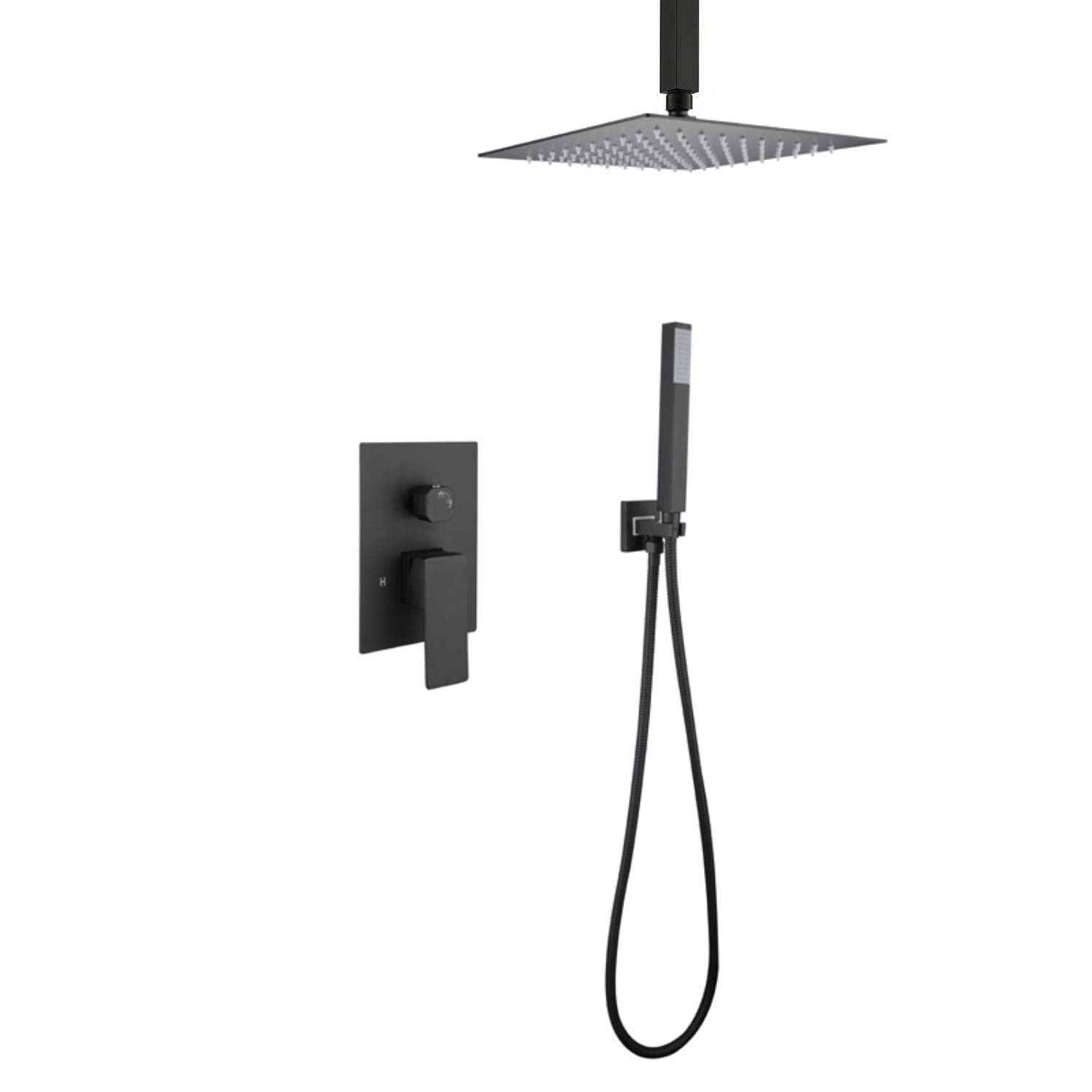 Matte Black Ceiling Mount 12 inch Rainfall Shower Head 2 Way Shower Faucet Rough-In Valve Body and Trim Included