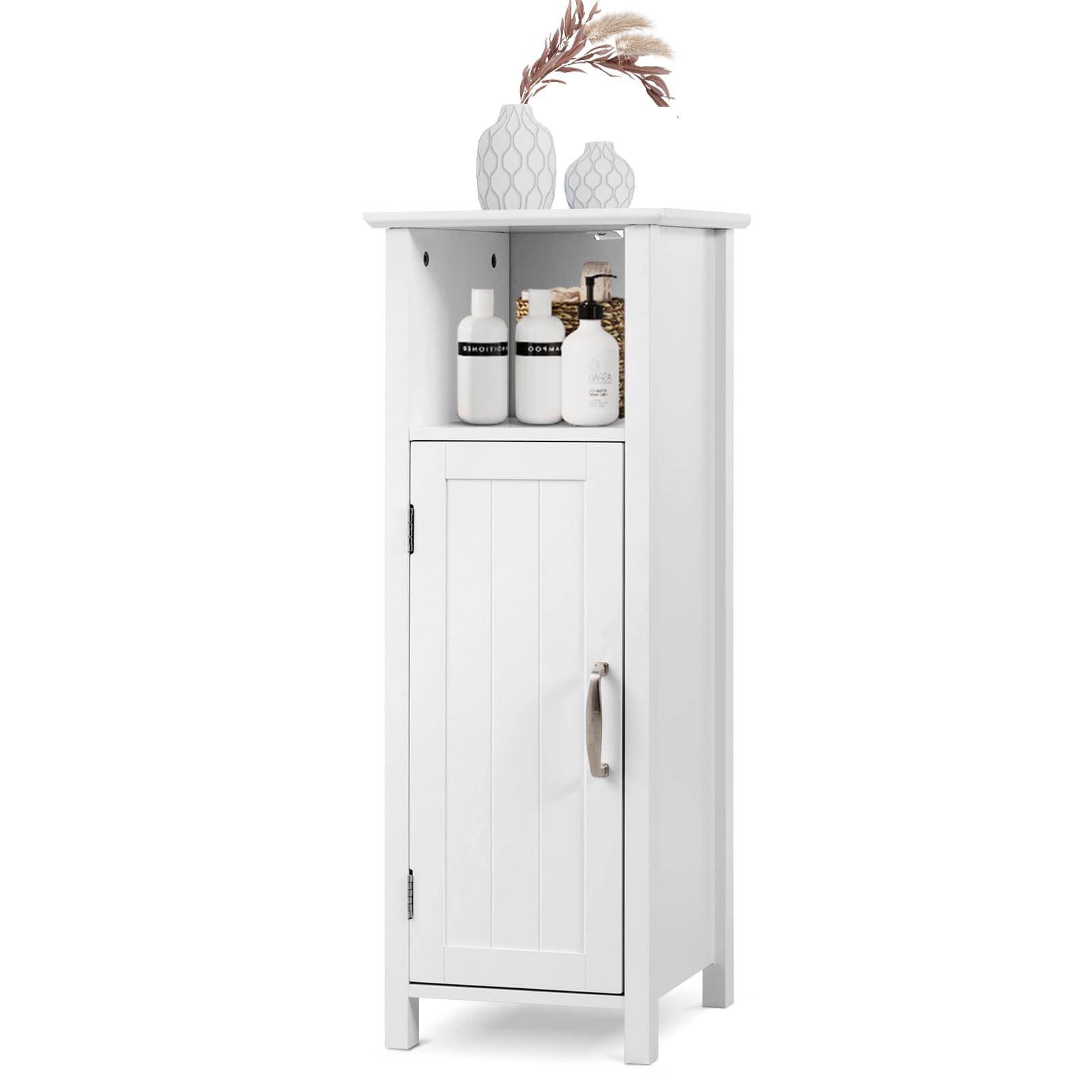 LUARANE Wooden Bathroom Floor Storage Cabinet, Side Storage Organizer Cabinet with 1 Door Open Shelf Adjustable Shelves, Small Free Standing Sideboard for Entryway Living Room Kitchen (White)