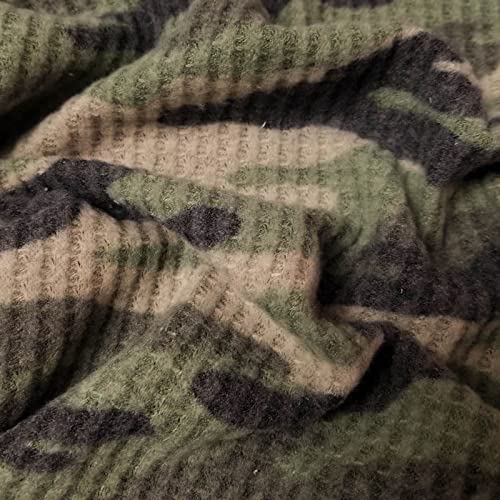 Camouflage Waffle Brush Poly Rayon Spandex Knit Fabric (1 Yard, Army Green Charcoal)