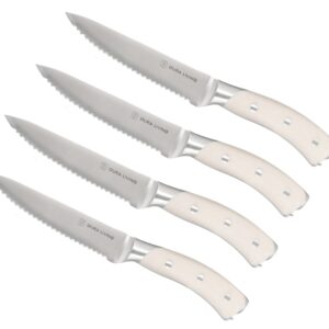 DURA LIVING 4-Piece Serrated Kitchen Steak Knife Set – Forged High Carbon Stainless Steel, Ultra Sharp, Ergonomic Black Handles, Durable Dinner Knives, Cream Handle