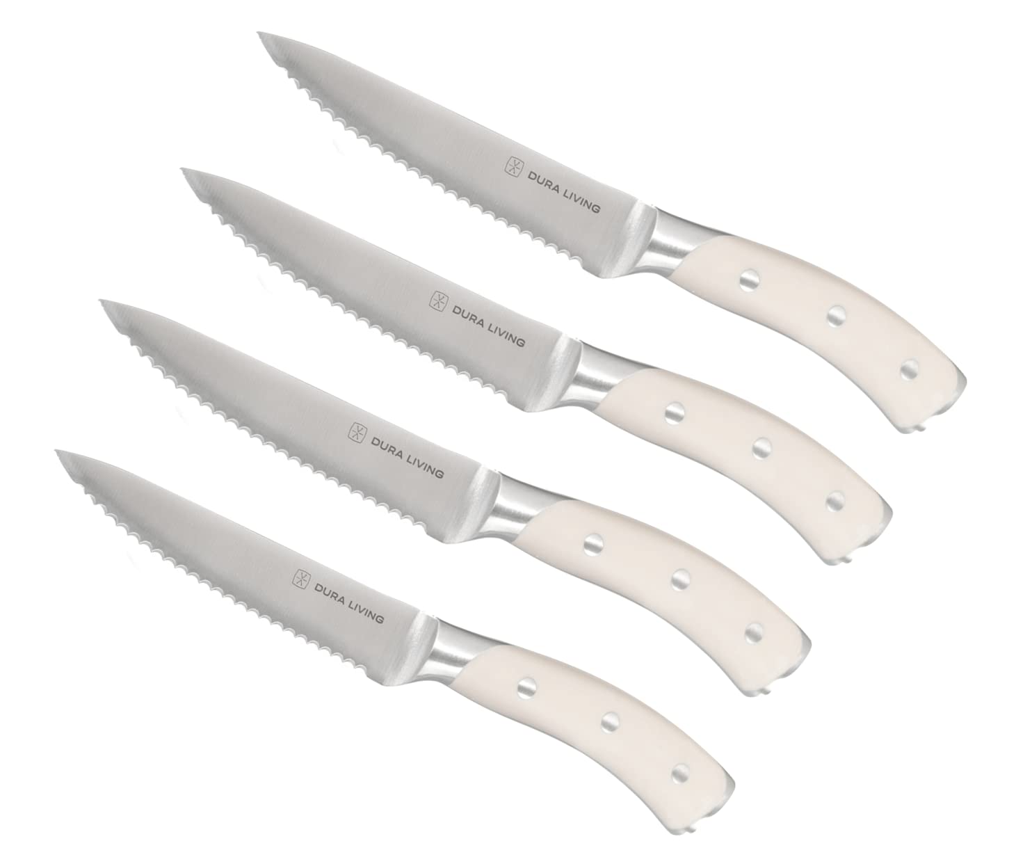 DURA LIVING 4-Piece Serrated Kitchen Steak Knife Set – Forged High Carbon Stainless Steel, Ultra Sharp, Ergonomic Black Handles, Durable Dinner Knives, Cream Handle