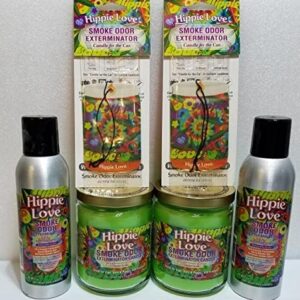 Smoke odor Exterminator Hippie Love Includes Two 13 oz Jar Candles Two 7 oz Spray & Two Car Hangers All in One Bundle.