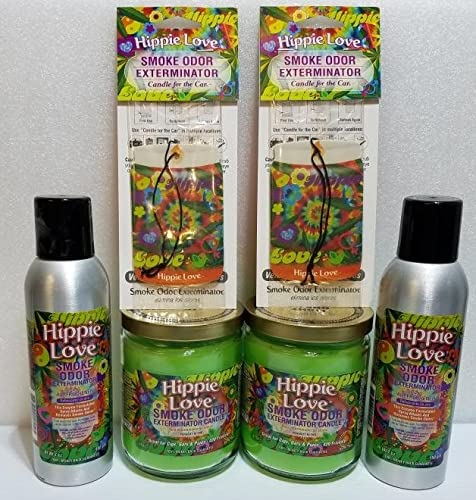 Smoke odor Exterminator Hippie Love Includes Two 13 oz Jar Candles Two 7 oz Spray & Two Car Hangers All in One Bundle.