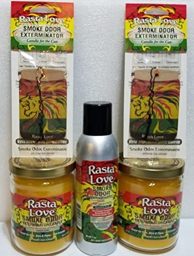 Smoke odor Exterminator Rasta Love, Includes Two 13 oz Jar Candle One 7 oz Spray & Two Car Hangers All in One Bundle