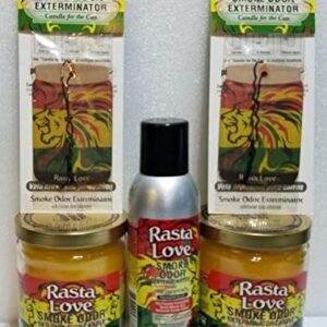 Smoke odor Exterminator Rasta Love, Includes Two 13 oz Jar Candle One 7 oz Spray & Two Car Hangers All in One Bundle