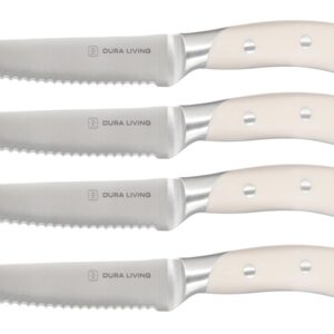 DURA LIVING 4-Piece Serrated Kitchen Steak Knife Set – Forged High Carbon Stainless Steel, Ultra Sharp, Ergonomic Black Handles, Durable Dinner Knives, Cream Handle