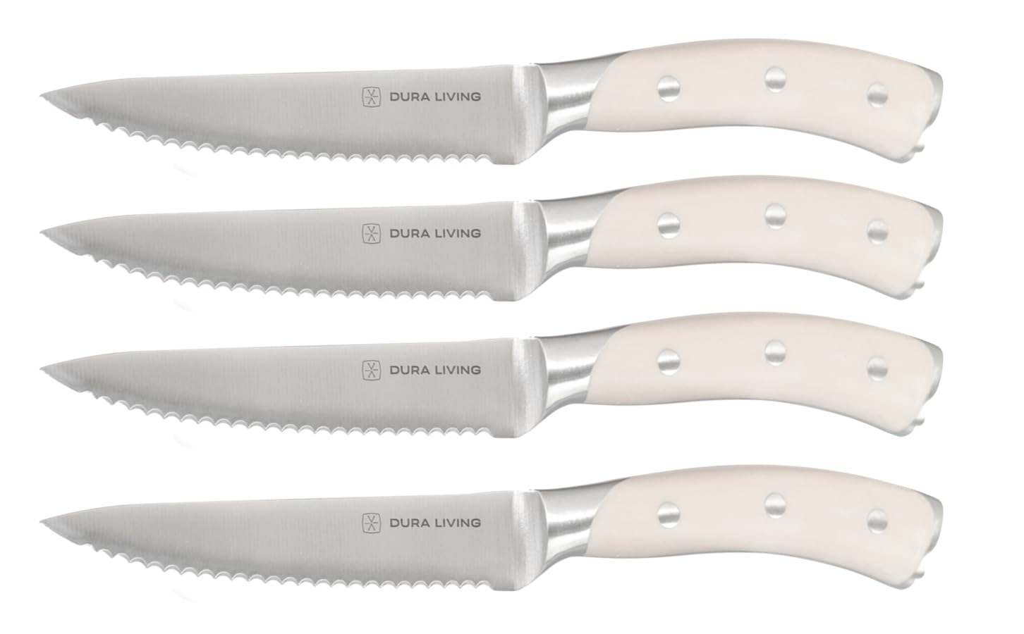 DURA LIVING 4-Piece Serrated Kitchen Steak Knife Set – Forged High Carbon Stainless Steel, Ultra Sharp, Ergonomic Black Handles, Durable Dinner Knives, Cream Handle