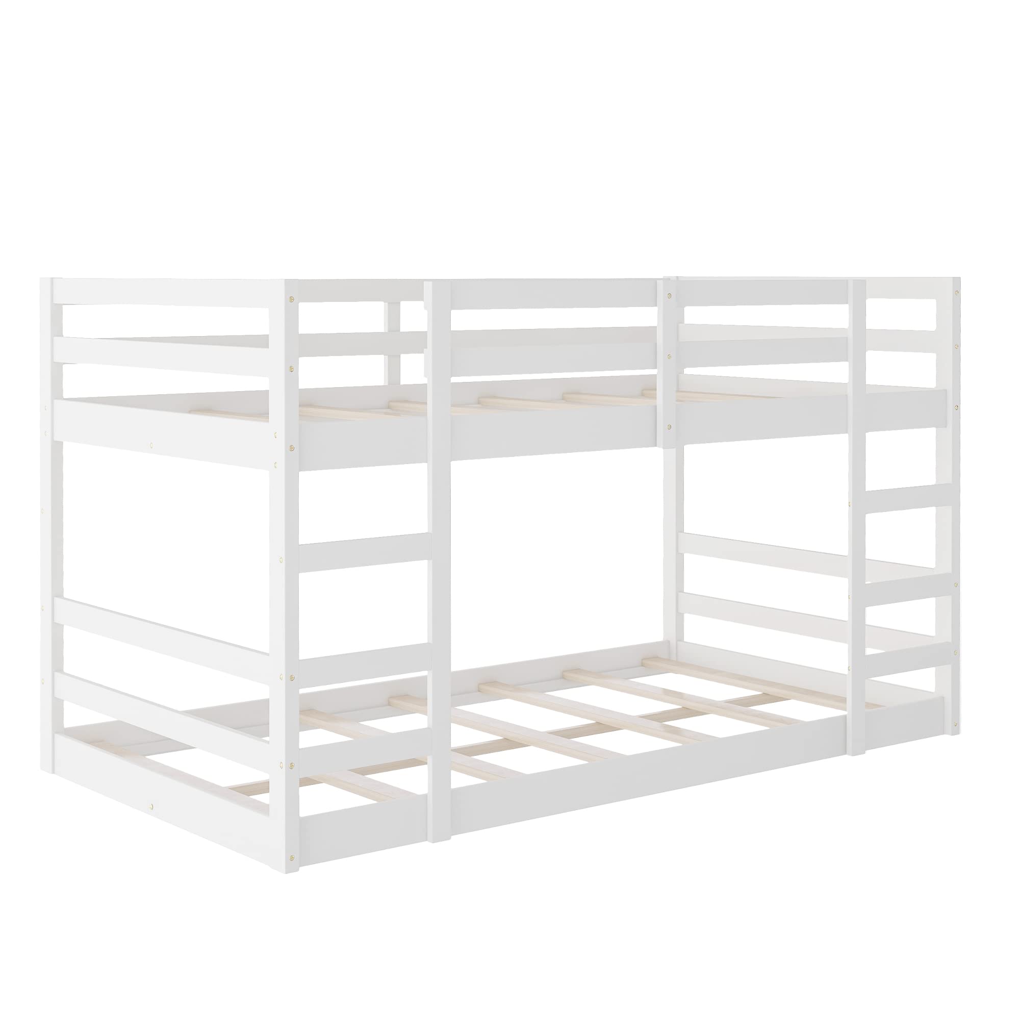 P PURLOVE Wood Low Bunk Bed Twin Over Twin Bunk Bed for Kids Low Loft Bed and Floor Bed for Kids Teens, Wood Slat Included, No Box Spring Need