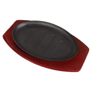 Yardwe Cast Iron Steak Pan, Round Sizzling Plate Fajita Skillet Steak Plate with Wooden Base for Kitchen Restaurant