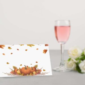 Table Place Card, Fall Harvest Thanksgiving Themed Tent Style Cards, Pack of 25 Half-Fold Reception Place Card with Pumpkin, Perfect for Thanksgiving Dinner, Party, Birthday, Wedding, Banquet A11