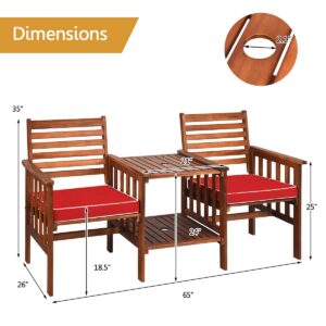 HAPPYGRILL Acacia Wood Loveseat with Table Patio Bistro Set Wooden Table Chairs Set with Cushions, Outdoor Furniture Set with 2.1 inch Umbrella Hole for Garden Balcony