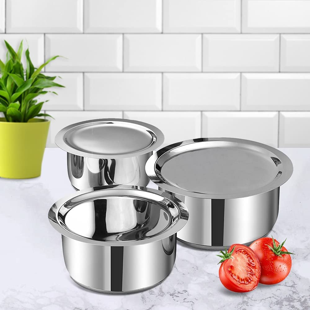 ARTISENIA 3 Pcs Stainless Steel Induction & Gas Stove Friendly Container Pot Set | Stainless Steel Tope Cookware Set with Lids