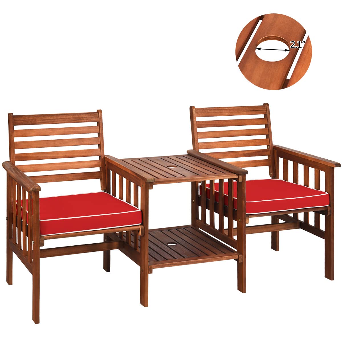 HAPPYGRILL Acacia Wood Loveseat with Table Patio Bistro Set Wooden Table Chairs Set with Cushions, Outdoor Furniture Set with 2.1 inch Umbrella Hole for Garden Balcony