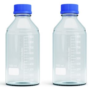 1000ml Storage Glass Bottles – 2pcs Round Media Storage Bottle – Borosilicate Glass Bottles – Safe Probe Storage Glass Storage Bottles with GL45 Blue Screw Cap (1000ml - 2pcs)