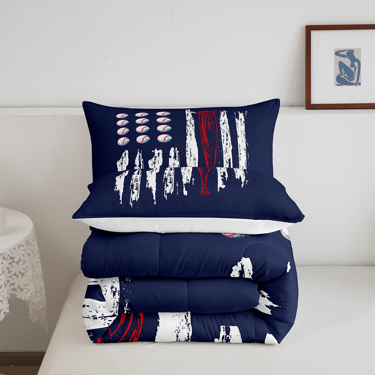 Castle Fairy Baseball Comforter Set Queen Size,American Flag Print Quilt Set with 2 Pillowcases,Creative Abstract Retro Flag Bedding Set 3pcs for Kids Boys Teens Bedroom Decor,(Navy Red White)