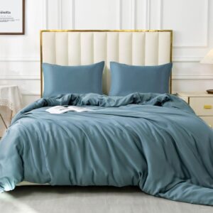 GOKOTTA Duvet Cover Queen Size, Rayon Made from Bamboo, Soft Duvet Cover Set 3 Piece with Button Closure, 1 Duvet Cover 90 x 92 Inches with Corner Ties and 2 Envelope Pillow Shams(Blue,Queen)