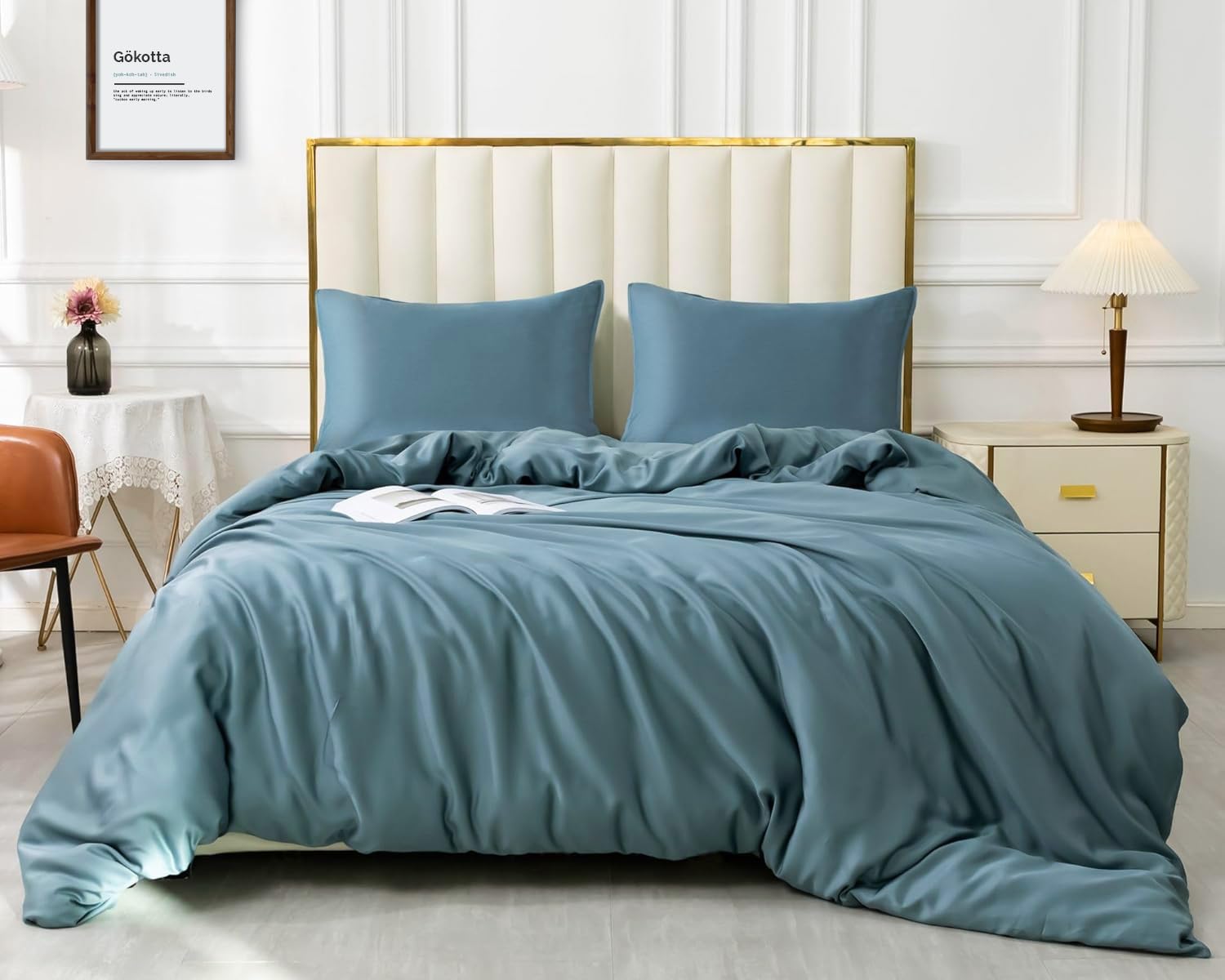 GOKOTTA Duvet Cover Queen Size, Rayon Made from Bamboo, Soft Duvet Cover Set 3 Piece with Button Closure, 1 Duvet Cover 90 x 92 Inches with Corner Ties and 2 Envelope Pillow Shams(Blue,Queen)