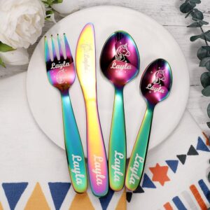 Personalized Dinosaur Unicorn Cutlery Set - Custom Name Engraved Spoon Knife Fork Set - Children's Stainless Steel Cutlery Set for Kitchen Kids