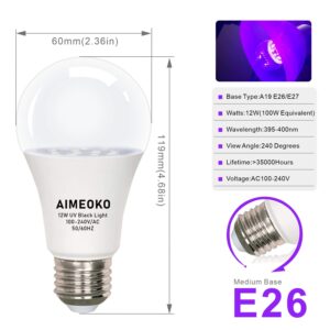 AIMEOKO Black Light Bulb 12W(100W Equivalent) - E26 UV LED Bulbs for Neon Party, Halloween, Fluorescent Poster, Body Paint - 2 Pack