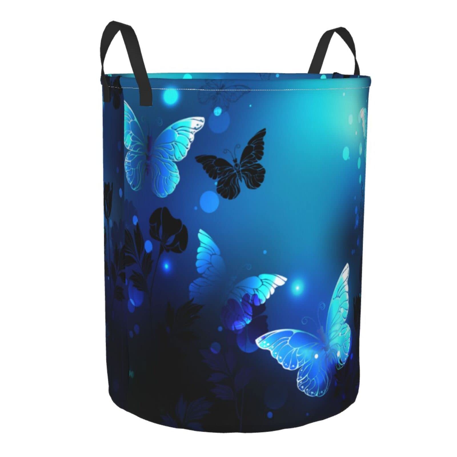 FeHuew Glowing Blue Butterflies in Flowers Collapsible Laundry Basket with Handle Waterproof Fabric Hamper Laundry Storage Baskets Organizer Large Bins for Dirty Clothes,toys,Bathroom