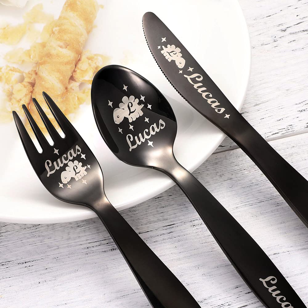 Personalized Dinosaur Unicorn Cutlery Set - Custom Name Engraved Spoon Knife Fork Set - Children's Stainless Steel Cutlery Set for Kitchen Kids