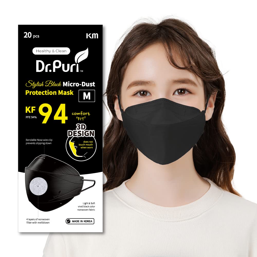 Dr.Puri [20 Pack] New Micro-Dust Protection Face Premium Mask (KF94) Black Medium