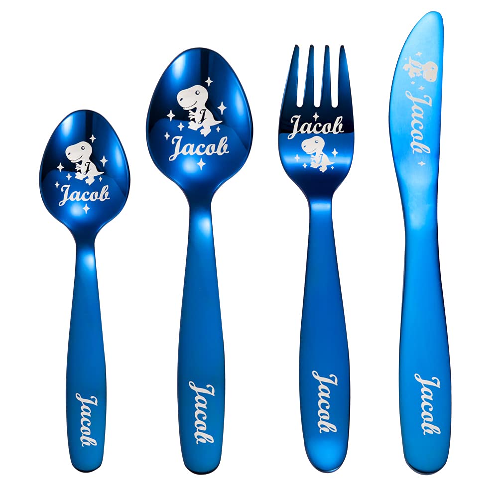 Personalized Dinosaur Unicorn Cutlery Set - Custom Name Engraved Spoon Knife Fork Set - Children's Stainless Steel Cutlery Set for Kitchen Kids