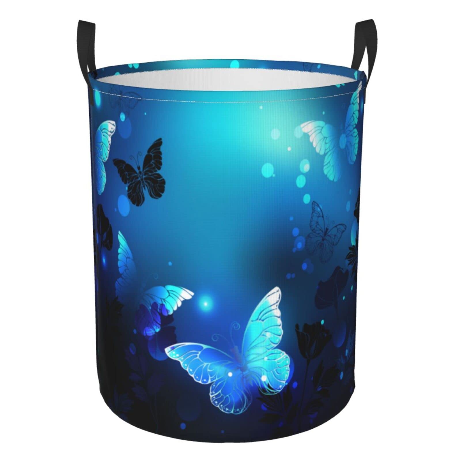 FeHuew Glowing Blue Butterflies in Flowers Collapsible Laundry Basket with Handle Waterproof Fabric Hamper Laundry Storage Baskets Organizer Large Bins for Dirty Clothes,toys,Bathroom