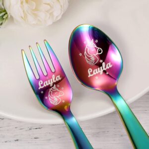 Personalized Dinosaur Unicorn Cutlery Set - Custom Name Engraved Spoon Knife Fork Set - Children's Stainless Steel Cutlery Set for Kitchen Kids