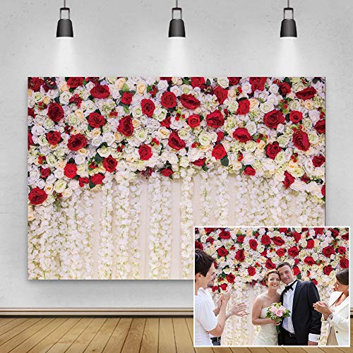 Red White Roses Flowers Wall Photography Backdrop,Yeele 10x6.5ft Wedding Shower Photo Background,Anniversary Bridal Shower Wedding Reception Birthday Party Dessert Table Decorations Banner Shoot Props