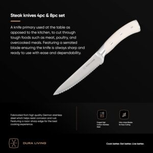 DURA LIVING 4-Piece Serrated Kitchen Steak Knife Set – Forged High Carbon Stainless Steel, Ultra Sharp, Ergonomic Black Handles, Durable Dinner Knives, Cream Handle