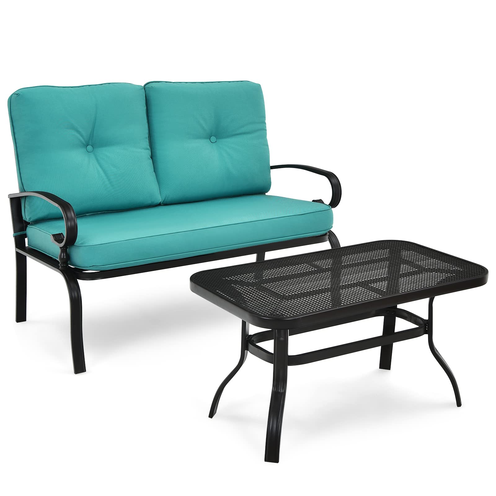 Giantex Patio Loveseat with Coffee Table Outdoor Bench with Cushion and Metal Frame, Loveseat Porch Furniture Set Sofa for Garden, Yard, Patio or Poolside