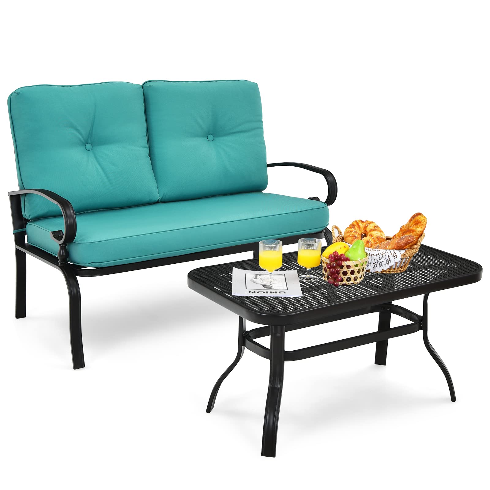 Giantex Patio Loveseat with Coffee Table Outdoor Bench with Cushion and Metal Frame, Loveseat Porch Furniture Set Sofa for Garden, Yard, Patio or Poolside