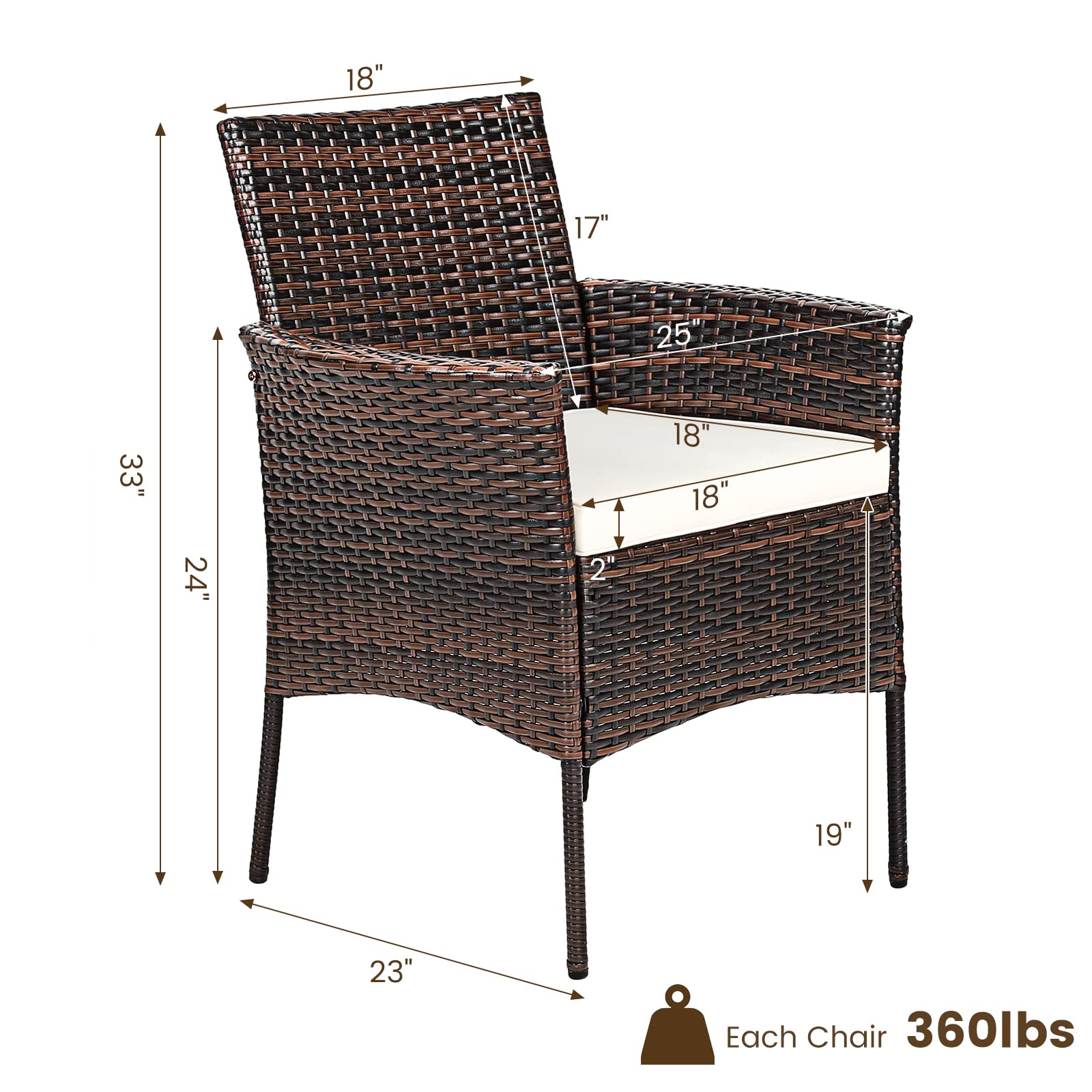 RELAX4LIFE Wicker Patio Chairs Set of 4, Indoor Outdoor PE Rattan Armchairs w/Cane Back, Seat Cushions for Bistro Porch Poolside, 360LBS Weight Capacity, 4 Pack Outdoor Dining Chairs (4, Brown+Beige)