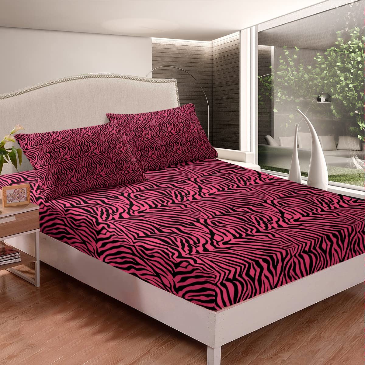 Girls Pink Black Fitted Sheet Zebra Stripes Bed Sheet Set Safari Animal Print Bedding Set for Boys Girls Kids Room Decor Zoo Animal Fur Print Lightweight Bed Cover Full Size 4Pcs Bedding Sheets