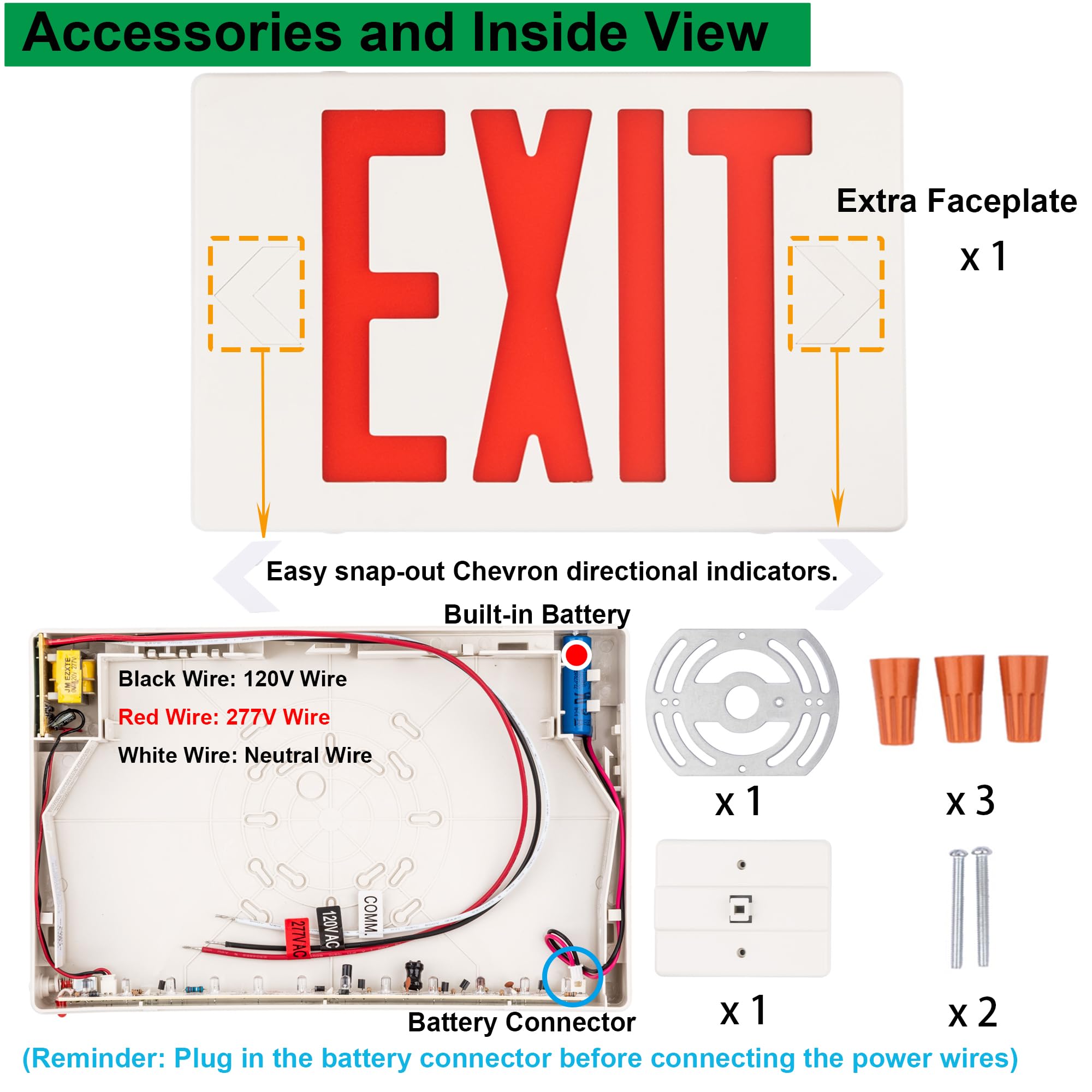 GRUENLICH LED EXIT Sign, Emergency Light with Double Face and Back Up Batteries- US Standard Red Letter EXIT, UL 924 Qualified, 120-277 Voltage, 1-Pack