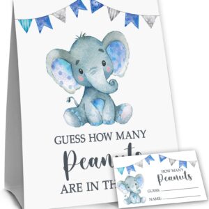 Yuzioey Blue Elephant Guess How Many Peanuts, Elephant Baby Shower Game, 50 Cards and Matching Standing Sign, Boy Elephant Baby Shower Decorations