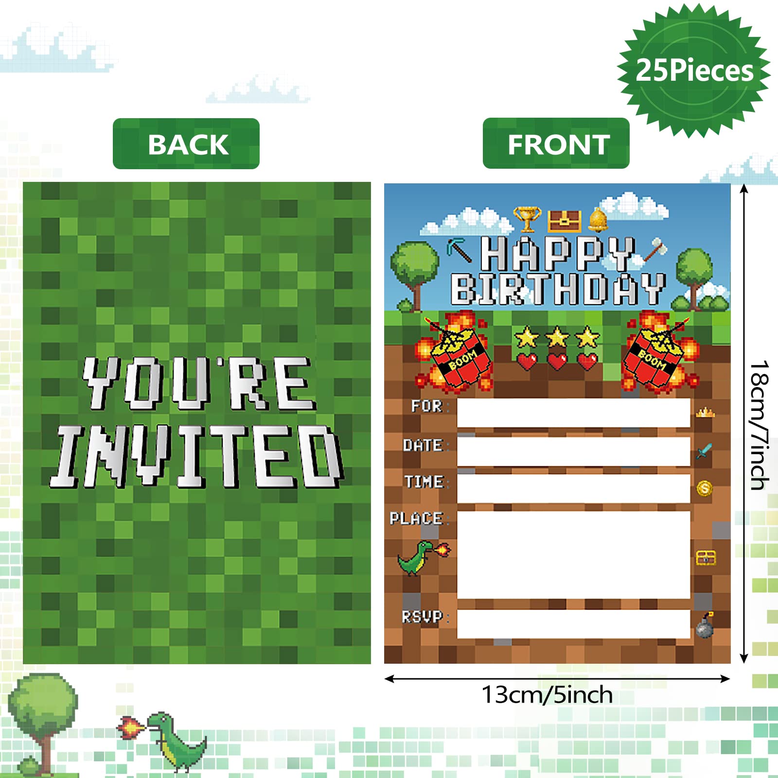 25 Pieces Pixel Video Birthday Party Supplies Game Themed Party Invitations Invite Card with Green Envelopes for Boy Kids Pixel Gamer Party Decorations Supplies