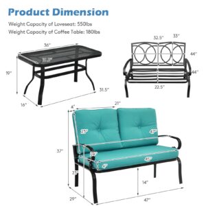 Giantex Patio Loveseat with Coffee Table Outdoor Bench with Cushion and Metal Frame, Loveseat Porch Furniture Set Sofa for Garden, Yard, Patio or Poolside