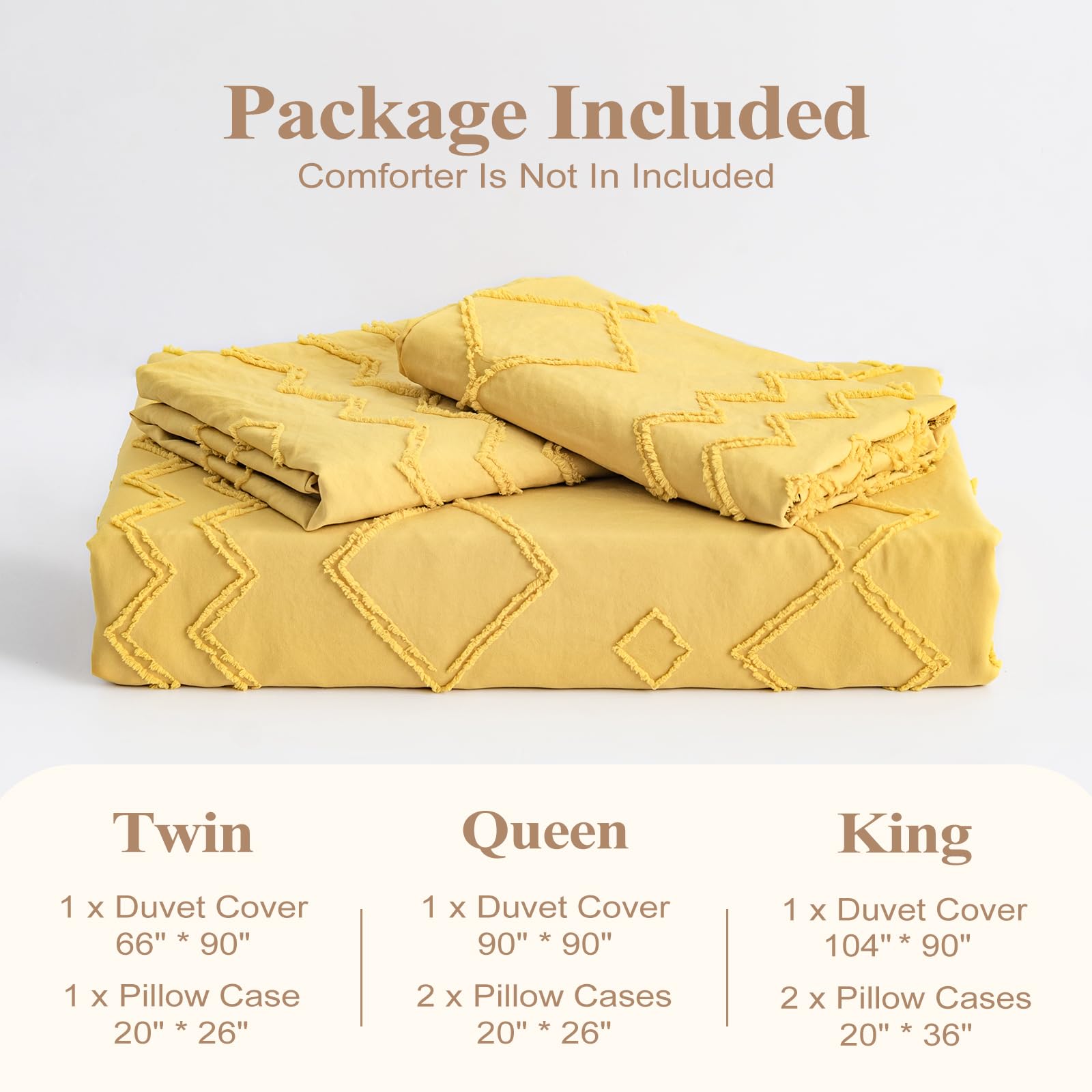 WARMDERN Boho Duvet Cover Set 3 Piece Yellow Queen Duvet Cover Set Washed Microfiber Tufted Bedding Set with Zipper Closure Wavy Stripes Duvet Cover and 2 Pillowcases(Queen,Yellow)