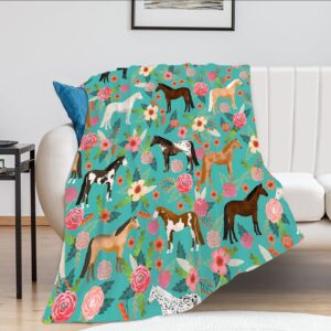 Horse Print Throw Blanket Horses and Flowers Pattern Blanket for Girls Kids Adults Super Warm Soft Cozy Plush Fleece Flannel Blanket for Sofa Couch Bed Birthday Gifts 40"x50" 1