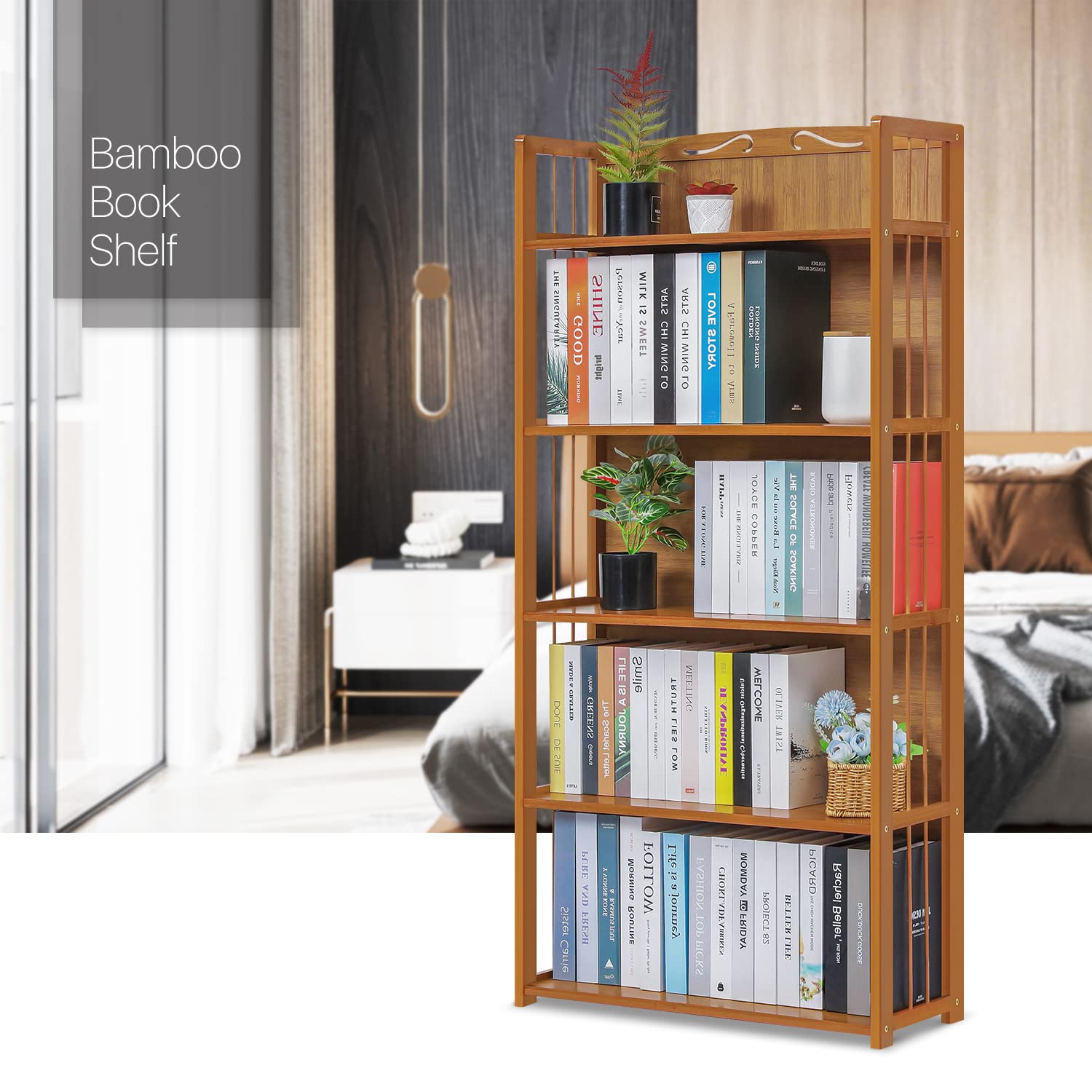 MoNiBloom Bamboo Bookcase with Decorative Carvings, Bamboo 5-Tier Adjustable Book Shelf Stand Storage Organizer for Living Room Kitchen Office Garden, Natural