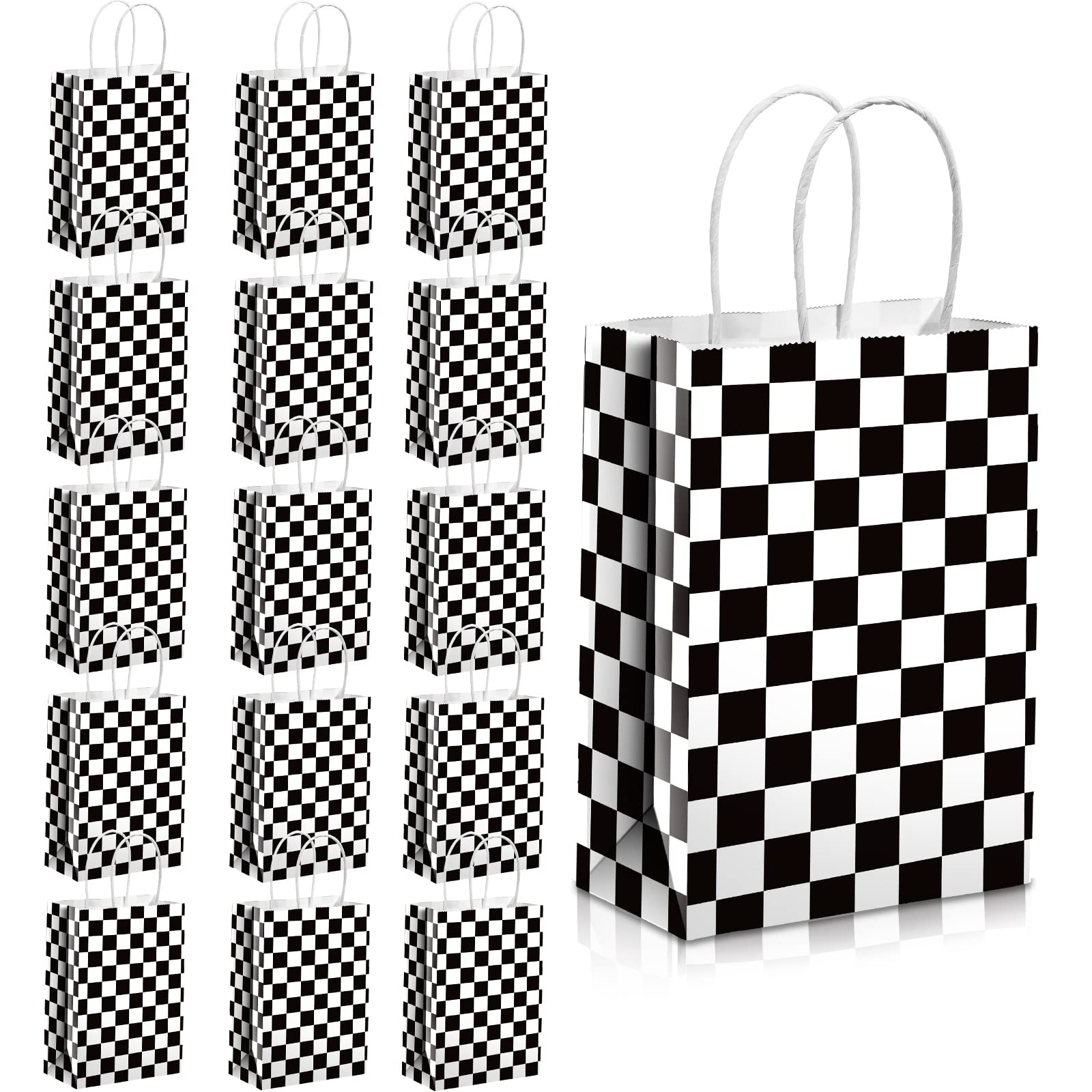 Epakh 16 Pcs Checkered Racing Treat Bags Race Car Party Favors Bag with Handles Black and White Checkered Racing Flag Candy Bags Goodie Bags for Race Car Themed Birthday Party Supplies