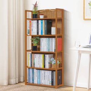 MoNiBloom Bamboo Bookcase with Decorative Carvings, Bamboo 5-Tier Adjustable Book Shelf Stand Storage Organizer for Living Room Kitchen Office Garden, Natural