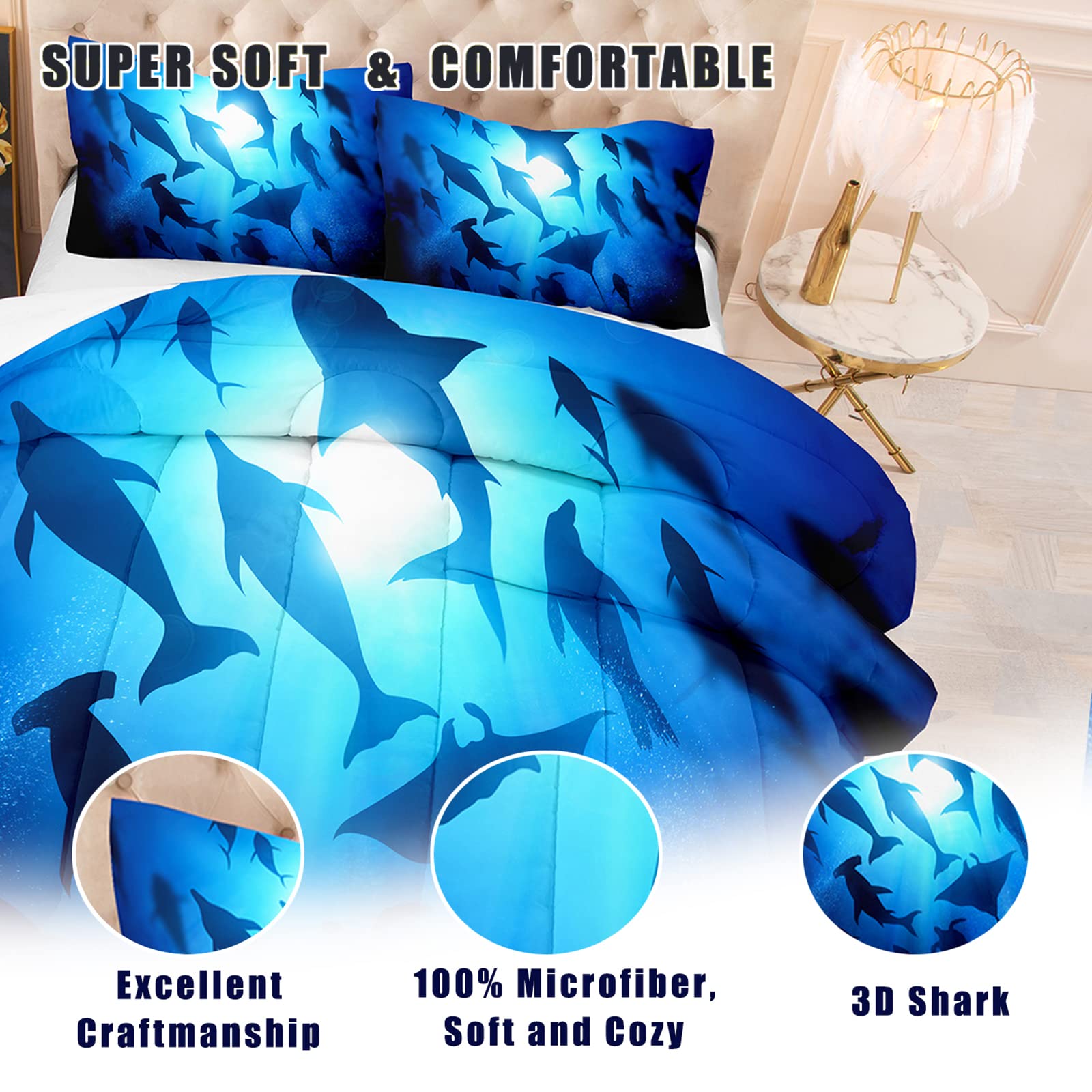 NINENINE Boys Blue Comforter Set Twin Size for Kids Teens,Shark Bedding Fish Ocean Dolphins Bed Sets with 1 Comforter 1 Pillowcase……