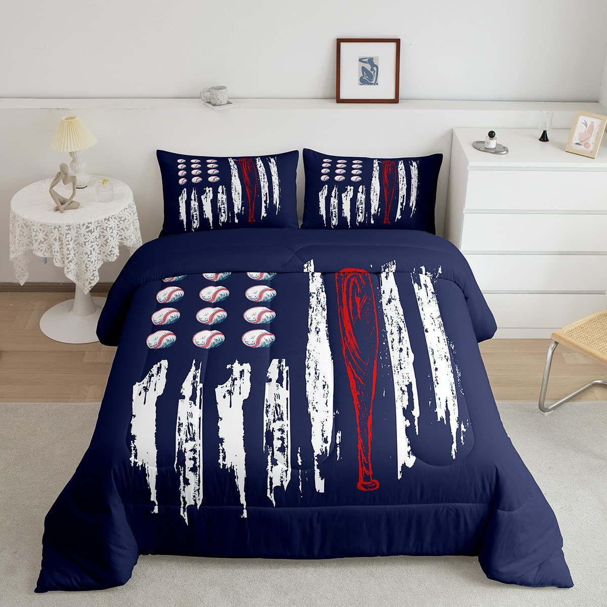 Castle Fairy Baseball Comforter Set Queen Size,American Flag Print Quilt Set with 2 Pillowcases,Creative Abstract Retro Flag Bedding Set 3pcs for Kids Boys Teens Bedroom Decor,(Navy Red White)