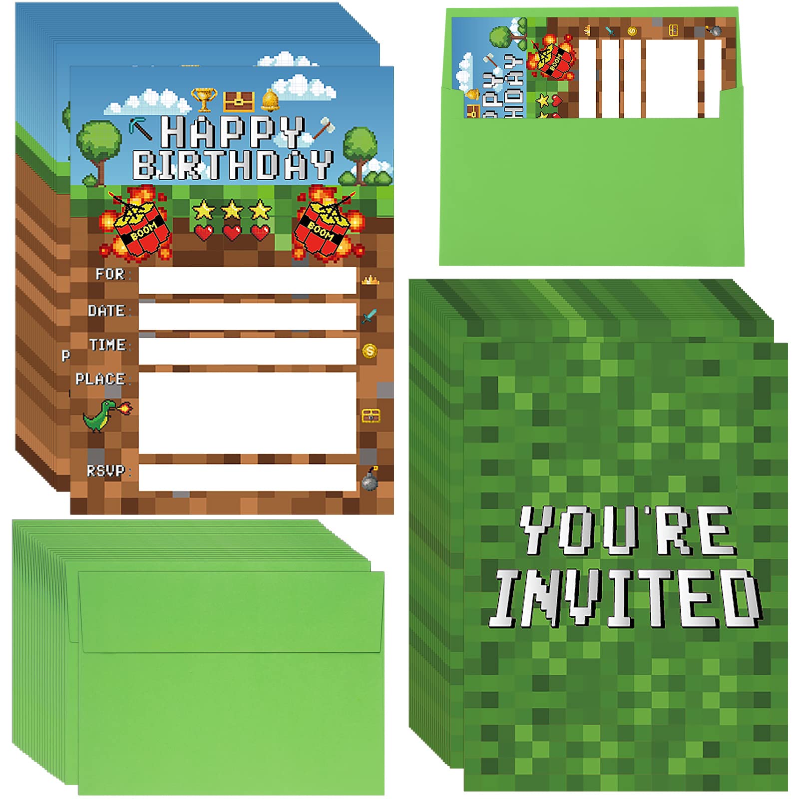 25 Pieces Pixel Video Birthday Party Supplies Game Themed Party Invitations Invite Card with Green Envelopes for Boy Kids Pixel Gamer Party Decorations Supplies